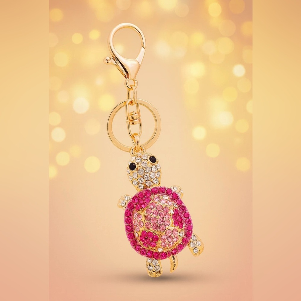 Pink Sparkly Turtle Bag Charm Keychain - Rhinestone Purse Accessory, Cute Gift